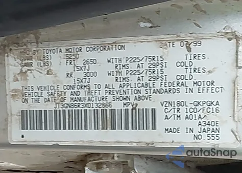 1999 Toyota 4Runner Sr5 V6 z USA, uszkodzony, nr VIN JT3GN86R3X0132866